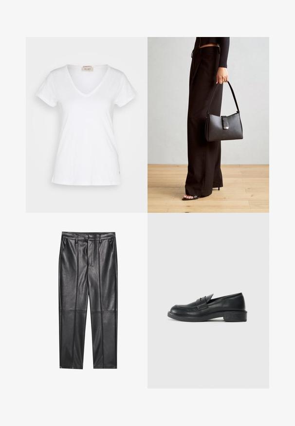 Valge, lühikeste varrukatega V-kaelusega t-särk, mis on valmistatud kergest kangast, millel on peen tekstuur ja väike logo detail allääres.; Mustad nahkpüksid sileda tekstuuriga, sirge lõikega, kahe eesmine taskuga ja nähtavate õmblusteta.; Mustad nahast loafers ümarate varvastega, tikkimiste detailidega ja väikese kandiga. Sile pind ja paindlik kummist tald.; Must musta kott, millel on struktureeritud kuju, sile tekstuur ja metallist klamber. Kombineeritud laiate mustade pükstega ja avatud varvaste sandaalidega puidust põrandal.