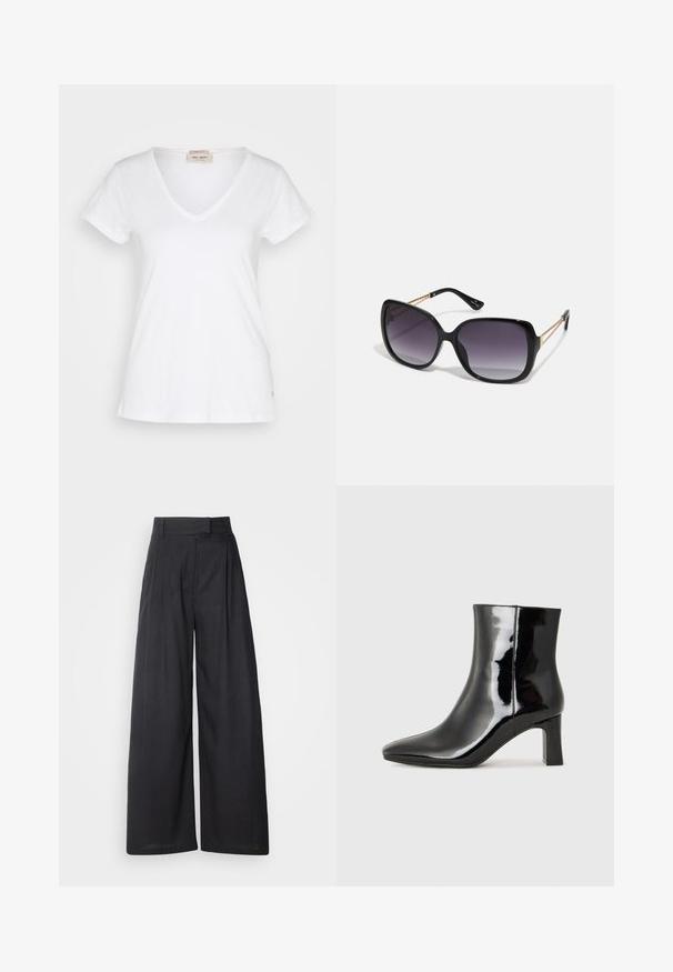 T-shirt bianco a maniche corte con scollatura a V, realizzato in tessuto leggero, caratterizzato da una leggera texture e un piccolo logo sul bordo.; Pantaloni a gamba larga scuri con vita strutturata e pieghe. Realizzati in tessuto leggero, presentano una texture liscia e senza motivi visibili.; Stivaletto in pelle verniciata nera con punta a punta e tacco a blocco di altezza media. Texture liscia e design minimalista.; Occhiali da sole neri oversize con lenti sfumate, montatura spessa e dettagli in catena dorata sulle astine.