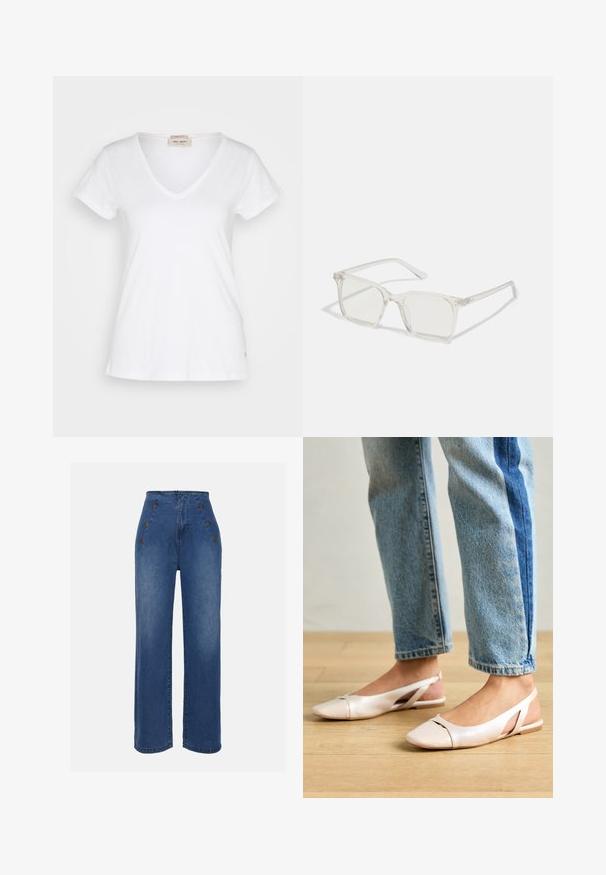Fehér, rövid ujjú, V-nyakú póló, könnyű anyagból készült, diszkrét textúrával és kis logós részlettel az alján.; Közepesen kék, magas derekú farmernadrág. Elöl gombos részletek és széles szárú kialakítás jellemzi. Az anyaga sima tapintású, enyhén megfakult.; Világos rózsaszín slingback laposlábú cipők, hegyes orral, sima bőrhatású anyagból készült. Oldalt kivágott részletek találhatók rajta, valamint lapos sarkú.; Átlátszó műanyag négyzet alakú szemüveg, áttetsző lencsékkel, arany díszítéssel a szárakon a fokozott részletekért.
