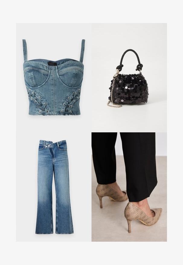 Bustier in denim cropped con sfumatura blu, dotato di spalline regolabili, coppe strutturate e dettaglio di allacciatura laterale con occhielli e accenti intrecciati.; Jeans a zampa d'elefante in denim blu chiaro con vita alta, dotati di due bottoni e tasche frontali. Il tessuto ha una texture sbiadita con variazioni sottili.; Scarpe con tacco alto beige in tessuto testurizzato con un motivo ripetuto. Design con punta appuntita e dettaglio dorato sul tacco.; Mini borsa a tracolla nera in paillettes con una tracolla texturizzata annodata e catena argentata. Forma rotonda con parte superiore arricciata e dettagli riflettenti.