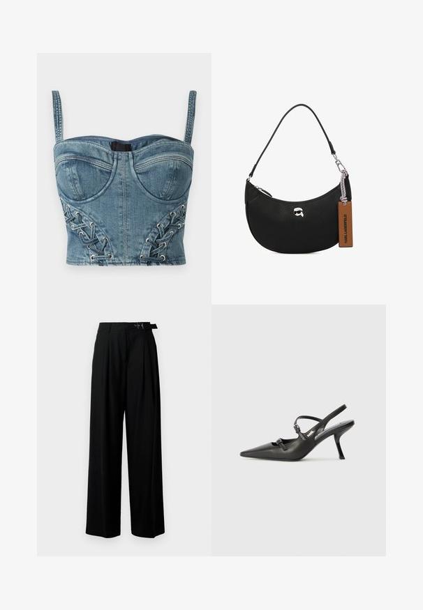 Džínový skrátený bustier v modrej farbe, s nastaviteľnými ramienkami, štruktúrovanými pohárikmi a bočnými očkovými šnurovacími detailmi s tkanými akcentmi.; Čierne široké nohavice s vysokým pásom, skladmi vpredu a opaskom s prackou. Vyrobené z hladkej, ľahkej textílie.; Čierne kožené slingback topánky na vysokom podpätku s ostrou špicou, štíhlym podpätkom a dekoratívnym detailom s prackou na priehlavku. Hladká textúra a elegantný dizajn.; Čierna kožená kabelka s textúrou jemných bradavíc, zakriveným tvarom, horným zipsom, striebornými kovaniami a hnedou visačkou. Má akcent v podobe loga.
