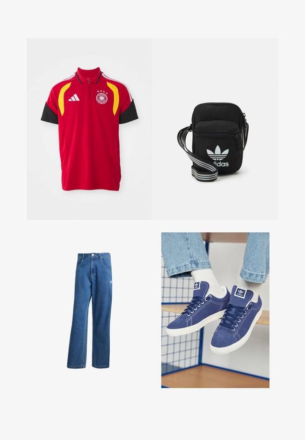 Polo di colore rosso con maniche corte, dettagli neri, strisce gialle e bianche, logo Adidas, stemma della nazionale e design a quattro stelle sopra l'emblema.; Jeans di denim a vita alta e gamba larga blu, con tasche frontali, passanti per cintura, chiusura a bottone e piccolo logo Adidas sulla coscia destra.; Sneakers Adidas blu navy in suede, con suole in gomma bianca, puntetonde e un logo cucito sulla linguetta. Calze bianche brillanti in vista.; Borsa a tracolla in tessuto nero con chiusura a zip, caratterizzata da un logo Adidas bianco e una tracolla regolabile a righe per un facile trasporto.