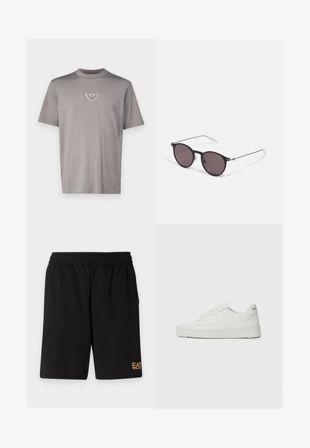 Emporio Armani T-shirts med print - grey; Sorte treningsshorts laget av mykt stoff, med elastisk midje og en liten gul EA7-logo nederst på venstre ben.; Hvite lærersneakers med en jevn overflate, rund tå, flate lisser og en teksturert såle. Har en subtil logo på hælen.; Sorte, runde solbriller med mørke linser og slanke metalarmer. Inkluderer klare temple tips og sølvfargede detaljer ved hengslet. Minimalistisk design.