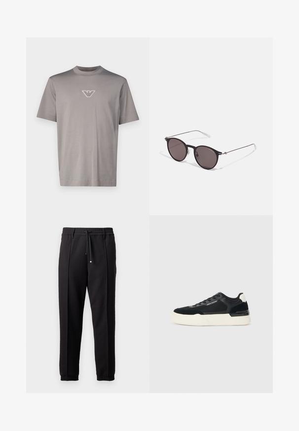 Emporio Armani Apdrukāts T-krekls - grey; Melni bikses ar jostu, staipāmu un elastīgām aprocēm. Ar krokām un gludu, teksturētu audumu.; Melnas sporta kurpes, kas izgatavotas no sieta un ādas, ar biezām baltām zoles un kontrastējošiem akcentiem. Mežģīņu un logo detaļa sānos.; Melni apaļi saulesbrilles ar tumšiem lēca un plānām metāla stangām. Iekļautas caurspīdīgas tempļu galviņas un sudraba akcenti pie eņģes. Minimalistisks dizains.