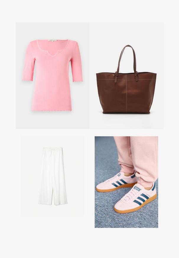 Light pink ribbed t-shirt with a V-neck and short sleeves. Features scalloped edges at the neckline and sleeve endings.; White wide-leg pants with a drawstring waist, shown against a plain background, emphasizing their relaxed style and fabric texture.; Light pink suede sneakers with dark blue leather stripes and a gum sole. Features include flat laces and branding on the side and tongue.; Brown leather tote bag with double handles, features contrast stitching and a spacious design, suitable for everyday use.