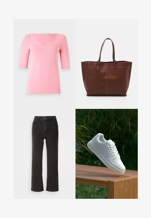 Camiseta de rayas de color rosa claro con escote en V y mangas cortas. Presenta bordes festoneados en el escote y los extremos de las mangas.; Vaqueros anchos negros de mezclilla, con cierre frontal de botón, trabillas para el cinturón y cinco bolsillos, con una textura ligeramente deslavada.; Zapatilla blanca con un upper sintético suave, caja de dedos perforada, cordones planos y una suela texturizada, exhibida sobre una superficie de madera.; Bolso tote de cuero marrón con asas dobles, cuenta con costuras en contraste y un diseño espacioso, adecuado para el uso diario.