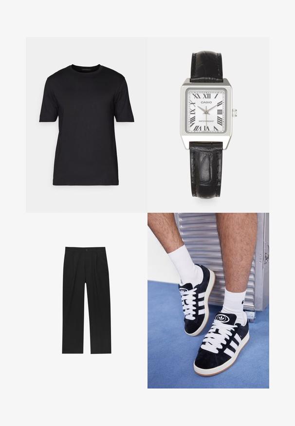 DRYKORN RAPHAEL - Tricou basic - black; Pantaloni negri cu un design drept, fabricați dintr-un material neted. Au plisse în față și un sistem de închidere cu un singur buton la talie.; Adidași negri din suede cu șireturi albe și trei dungi albe. Au un logo circular negru pe limbă și o talpă din cauciuc de tip gumă.; Ceas pătrat argintiu cu un cadran alb, cifre romane negre și textul "APĂ RESISTENT". Curea din piele neagră cu o finișare texturată.