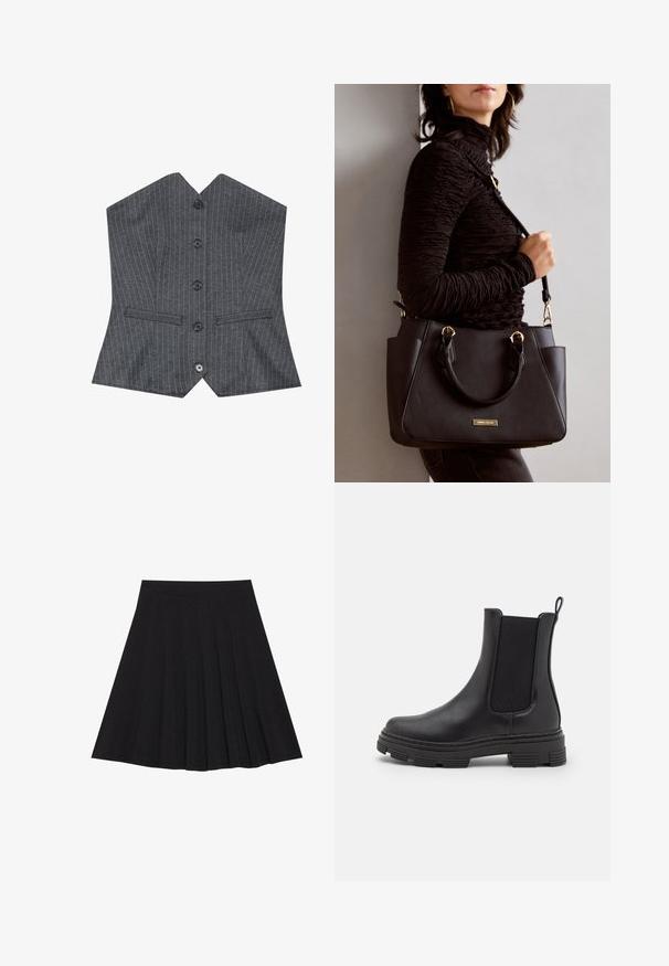 Svetlo šedý vest s prúžkami a V-výstrihom, obsahujúci šesť čiernych gombíkov a dve predné vrecká, vyrobený z hladkej látky so štruktúrovaným strihom.; Čierna plisovaná sukňa vyrobená z textúrovanej látky s priliehavým pásom. Padá do dĺžky po kolená a má hladký, čistý siluetu.; Čierne kožené členkové čižmy s elastickými bočnými panelmi, zaoblenou špičkou a textúrovanou gumovou podrážkou. Obsahuje slučku na zadnej strane pre jednoduché obúvanie.; Čierna kabelka s textúrovaným povrchom, dvojitými hornými rúčkami a nastaviteľným ramenným popruhom. Obsahuje zlaté kovanie a bočné vrecká.