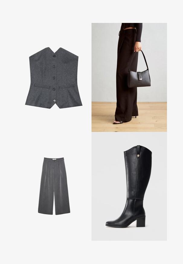 Sivi prugasti prsluk s V-izrezom, s šest crnih dugmadi i dva prednja džepa, izrađen od glatkog materijala sa strukturiranim krojem.; Nabrane hlače širokega kroja v temnosivi tkanini z diskretno teksturo. Opremljene so z gumbom za zapiranje in klasičnim oblikovanjem pasu.; Črne usnjene škornje do kolen s kvadratnim nosom in blok peto. Imajo stranski šiv in dekorativni kovinski dodatek na vrhu.; Črna torbica z strukturirano obliko, gladko teksturo in kovinskim zaponko. Ujemajo se z širokimi črnimi hlačami in odprtimi sandali na lesenem tleh.
