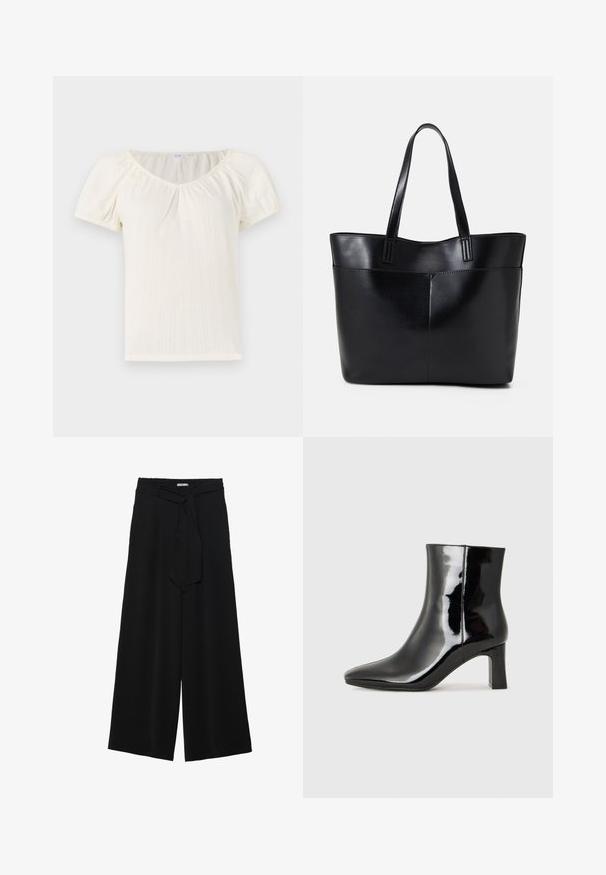 White short-sleeve top featuring a wide scoop neckline, textured vertical ribbing, and puffed sleeves for added detail.; Black wide-leg pants featuring a textured fabric, an elastic waistband, and a detachable sash tie at the waist for adjustable fit.; Black patent leather ankle boot with a pointed toe and a mid-height block heel. Smooth texture and minimalist design.; Black leather tote bag with two long handles, a smooth texture, and a structured shape. Features a front pocket for additional storage.