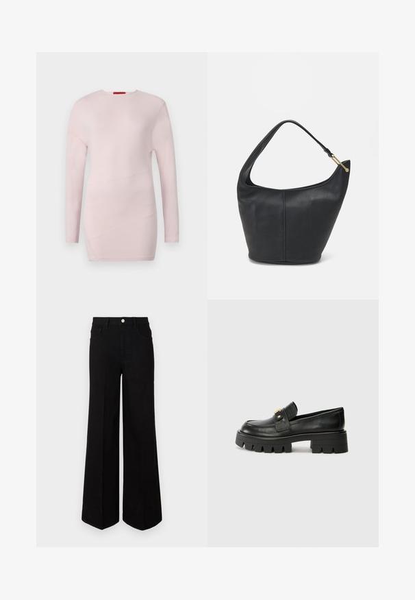 Světle růžový top s dlouhým rukávem a kulatým výstřihem, s diagonálními švy a hladkou texturou.; Černé široké džíny vyrobené z pevné látky, s vysokým pasem, předními kapsami a zapínáním na knoflík. Rovný lem na spodním okraji.; Černé kožené mokasíny s robustní podešví, které mají zlatý akcent na přední části a hladký povrch. Robustní vzor protiskluzu na podešvi.; Černá kožená kabelka zaobleného tvaru, s širokým popruhem a texturovaným povrchem. Obsahuje jemné švy a akcenty ve zlatém tónu.