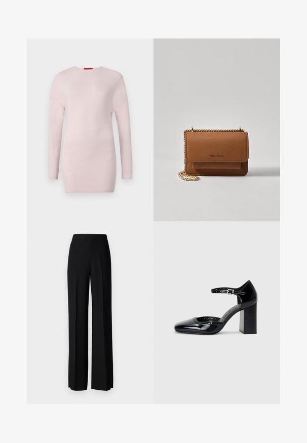 Svetlo roza dolgi rokavi vrh z okroglim izrezom, ki ima diagonalne šive in gladko teksturo.; Črne široke hlače z gladko teksturo, z visokim pasom in središnjimi pregibi. Brez vidnih vzorcev ali kovinskih detajlov.; Črne lakirane usnjene čevlje s peto, kvadratnim izrezom, trakovi okrog gležnja in masivno peto. Vsebujejo perforirane detajle ob robu.; Rjava teksturirana usnjena torba čez ramo z zlatim verižnim trakom in zapiranjem na pokrov. Spredaj je vidna podrobnost logotipa in žep pod pokrovom.