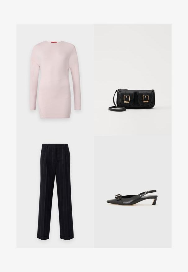 Lys rosa langermet topp med rund hals, med diagonale sømdetaljer og en jevn tekstur.; Svarte pinstripede bukser med en tilpasset passform, som har en oppbrett på bunnen og frontfolder. Laget av glatt stoff med en strukturert design.; Svarte skinn slingback-sko med spiss tå, liten hæl og dekorativ spenne-detalj på overdelen. Glatt tekstur, minimalistisk design.; Svart skinn crossbody veske med to frontlommer, gyldne spenner, glidelåslukking og en slank stropp. Teksturert overflate og kompakt rektangulær form.