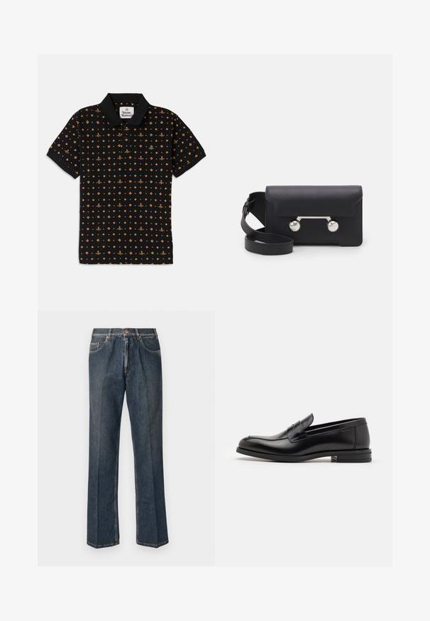 Camisa polo preta com um padrão geométrico laranja repetido. O material é suave, com um colarinho clássico e uma pala com três botões.; Jeans de ganga de perna reta azul escuro com botão à frente, fecho de correr, dois bolsos frontais e vinco vertical visível ao longo das pernas.; Mocassins de couro preto com uma textura suave, bico arredondado e uma faixa decorativa sobre o peito do pé. Salto baixo e empilhado, design minimalista.; Saco transversal em pele preta com fecho de aba, ferragens em tom prateado e dois acentos redondos. Apresenta uma alça destacável. Textura suave.