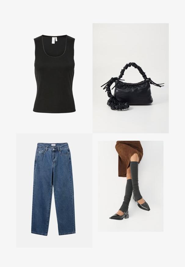 Melna bez piedurknēm topa krekls, izgatavots no ribota materiāla, ar apaļu kakla izgriezumu un šauru piegriezumu. Minimālisma stils bez rakstiem vai akcentiem.; Klasiskie zili džinsi ar taisnu kāju dizainu, pieciem kabatām un pogu aizdari. Iezīmējas ar vidēju mazgāšanu un izturīgu tekstūru.; Melnas laka ādas apavi ar norādītu purngalu, blokveida papēdi un potīšu jostu, saskaņoti ar pelēkām ribotām kāju sildītājām un brūnu zamšādas svārku.; Melnā mākslīgās ādas rokassoma ar krokodila rakstu, savilkta augšdaļa un saburzīta siksna. Izskatās mīksta un kompakta pēc dizaina.