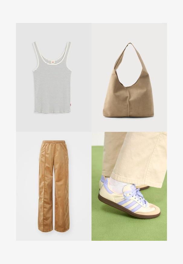 Biele rebrované tielko s tenkými čiernymi horizontálnymi pruhmi a výstrihom doU, položené na svetlosivom pozadí.; Béžové široké nohavice vyrobené z mäkkého, zamatového materiálu. Obsahujú elastický pás a vertikálne švy na prednej strane pre dodatočný detail.; Krémovo-fialové tenisky so tromi pruhmi a štruktúrovanou hnedou podrážkou, s šnúrkami a polstrovaným opätkom. Mäkký textilný zvršok.; Hobo taška z mäkkej béžovej semišovej kože so splývavým tvarom, širokým ramenným popruhom a ručne šitým detailom švu na prednej strane.