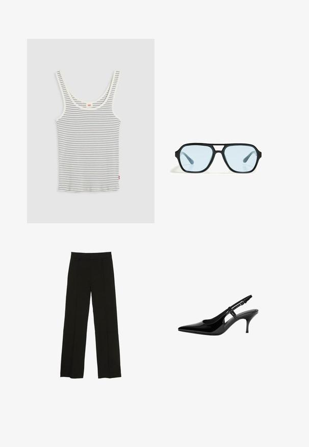 Canotta bianca a coste con sottili righe orizzontali nere e scollo a barchetta, posata su uno sfondo grigio chiaro.; Pantaloni neri a gamba larga realizzati in un tessuto morbido, con una vita aderente e sottili pieghe frontali per un tocco di consistenza.; Pumps slingback in vernice nera con punta affusolata, ritagli laterali aperti, tacco sottile e cinturino alla caviglia regolabile.; Occhiali da sole neri con montatura rettangolare, lenti blu e un design del ponte distintivo. Finitura elegante, texture sobria.; Bershka WITH CHAIN - Borsa a mano - black