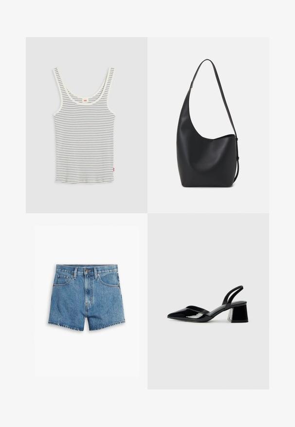 White ribbed tank top with thin black horizontal stripes and scoop neckline, laid flat on light gray background.; Denim shorts in light blue, featuring five pockets, a zip fly, and a button closure. The hem is frayed with a relaxed fit design.; Black patent leather slingback heels with a pointed toe and a geometric block heel. Features a sleek, minimal design and smooth texture.; Black leather hobo bag with a smooth texture, curved shape, and single adjustable strap; features a wide opening at the top.