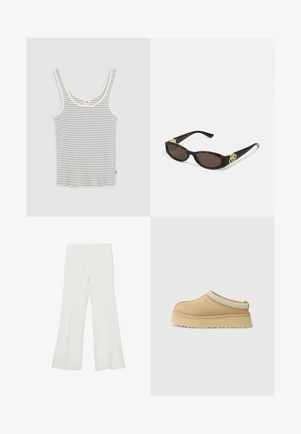 Raidallinen toppi valkoisena ja tummansinisenä, jossa on pyöreä kaula-aukko, leveät olkaimet ja tiukka malli kevyestä puuvillakankaasta.; Valkoiset leveälahkeiset housut, joissa on sileä pinta ja selkeät linjat, keski-korkea vyötärö ja ei näkyvää varustusta tai kuvioita.; Vaaleanruskeat mokka-slip-on-kengät, joissa on pehmustettu kaulus ja teksturoitu vaaleansininen yksityiskohta. Ominaisuuksiin kuuluu paksu, kestävä pohja, jossa on kuvioitu kulutuspinta.; Silmärilakkiset tortoiseshell-aurinkolasit, joissa on pitkänomaiset ovaalit linssit, ruskea sävy, kultaiset logo-koristeet temppeleissä ja sulavalinjaiset mustat varret.; Ruskea nahkalaukku, jossa on kaksi tukevasti kantavaa kahvaa, suorakaiteen muotoinen, sileä pinta ja vetoketjukiinnitys. Minimalistinen muotoilu ilman näkyviä kuvioita.