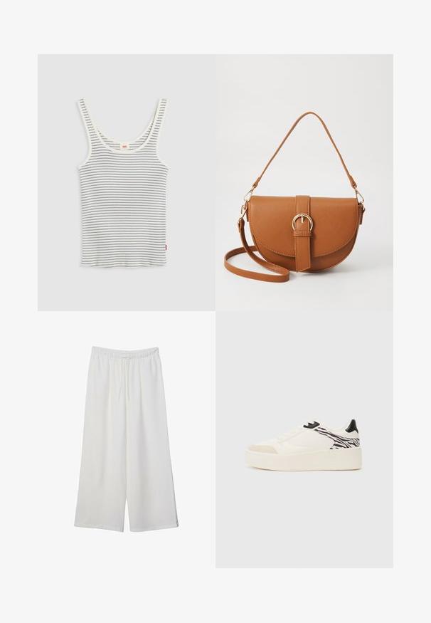 Bjela rebrasta majica bez rukava s tankim crnim horizontalnim prugama i izrezom u obliku supe, položena ravno na svijetlo sivoj pozadini.; Bijele hlače širokog kroja izrađene od lagane tkanine, s elastičnim pojasom i vezicom za prilagodljivu veličinu. Glatka tekstura.; Even&Odd Tenisice - white/black; Smeđa kožna torba preko tijela s zakrivljenim oblikom, zlatnim metalnim detaljima i naglaskom na kopču. Ima odvojivu naramenicu.