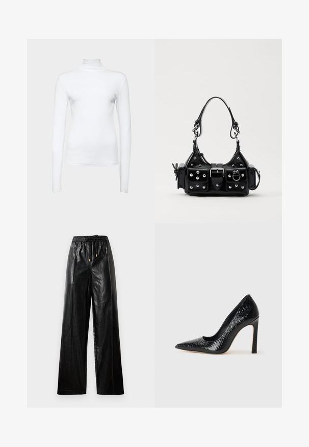 Weißes Langarm-Turtleneck-Oberteil aus elastischem Baumwollstoff. Verfügt über ein figurbetontes Design und eine glatte Textur, ohne sichtbare Muster oder Akzente.; Schwarze Leder-Hosen mit weitem Beinschnitt, elastischem Taillenbund, Kordelzug und goldenen Hardware-Akzenten. Glatte Textur und lockerer Schnitt.; Schwarzer, spitz zulaufender High Heel mit Krokodilleder-Struktur, elegantem Design, hohem Stiletto-Absatz und glattem schwarzen Innenraum.; Schwarze Lederhandtasche mit einem geschwungenen Design, verziert mit silbernen Nieten, einer Schnalle und zwei seitlichen Taschen. Verstellbarer Träger für verschiedene Tragemöglichkeiten.