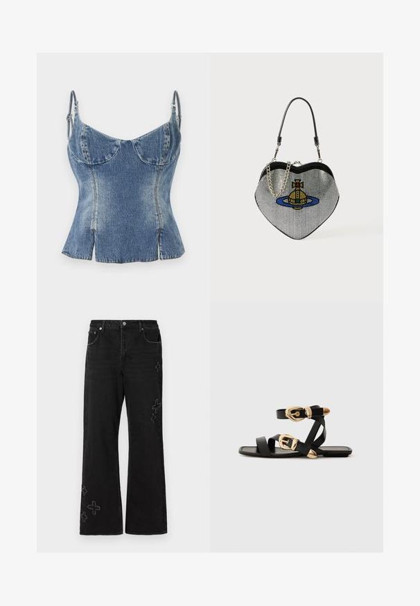 Denim korsettopp med justerbara axelremmar, ljusblå tvätt, strukturerade kupor, utsvängd nederkant och sidofåror för en åtsittande siluett.; Svarta jeans i denim med bred passform, prydda med broderade korsmönster i en ljusare nyans. Femfickorsdesign och knappstängning.; Svarta lädersandaler med guldspännen, med flera remmar och platt såldesign för öppna tår.; Hjärtfomad handväska i mesh med metallisk finish, med en katt- och planetsdesign i blått, gult och rött. Inkluderar en kedjerem.