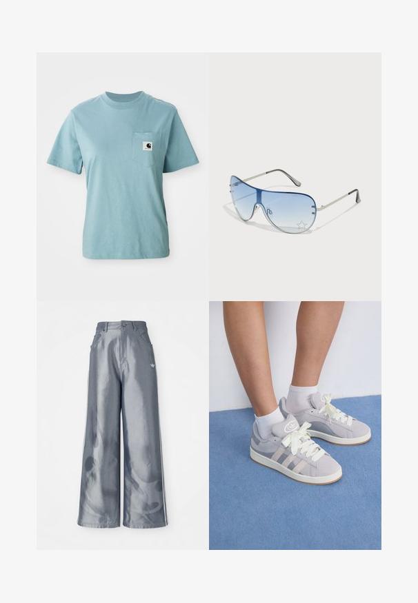Gaiši zils īsās piedurknes kokvilnas T-krekls ar krūšu kabatu, kurā ir neliels melnbalts Carhartt logo uzlīme.; Platas kājas bikses no spīdīga pelēka materiāla, ar baltām sānu svītrām un liesmu rakstu apakšējā kāju daļā. Pogas un rāvējslēdzēja aizdare jostasvietā.; Pelēki zamša sporta apavi ar baltām šņorēm un gumijas zoli, ar trim diagonālām svītrām sānos un logotipa uzšuvi uz mēles.; Pilotstila saulesbrilles ar gradienta zilām lēcām, sudraba metāla rāmjiem un dekoratīvām zvaigžņu akcentiem uz lēcām. Gluda un eleganta dizaina.