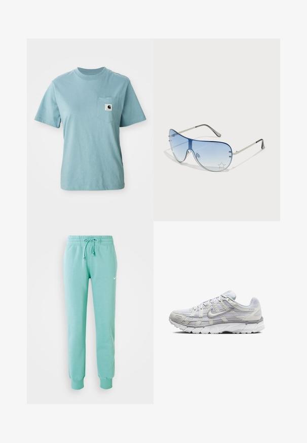 Lichtblauw katoenen T-shirt met korte mouwen en een borstzak, voorzien van een klein zwart-wit Carhartt logo patch.; Mintgroene sweatshirtbroek met een elastische tailleband, koord en geribde boorden. Bevat een klein wit Nike-logo op de linker bovenbeen.; Lichtgrijze sportschoenen met een bovenwerk van mesh en synthetisch materiaal, voorzien van een vetersluiting, een gevoerd kraagje en een gestructureerde zool voor grip.; Aviator zonnebril met een gradient blauwe lens, zilveren metalen frame en decoratieve sterrenaccenten op de lens. Glad en strak ontwerp.