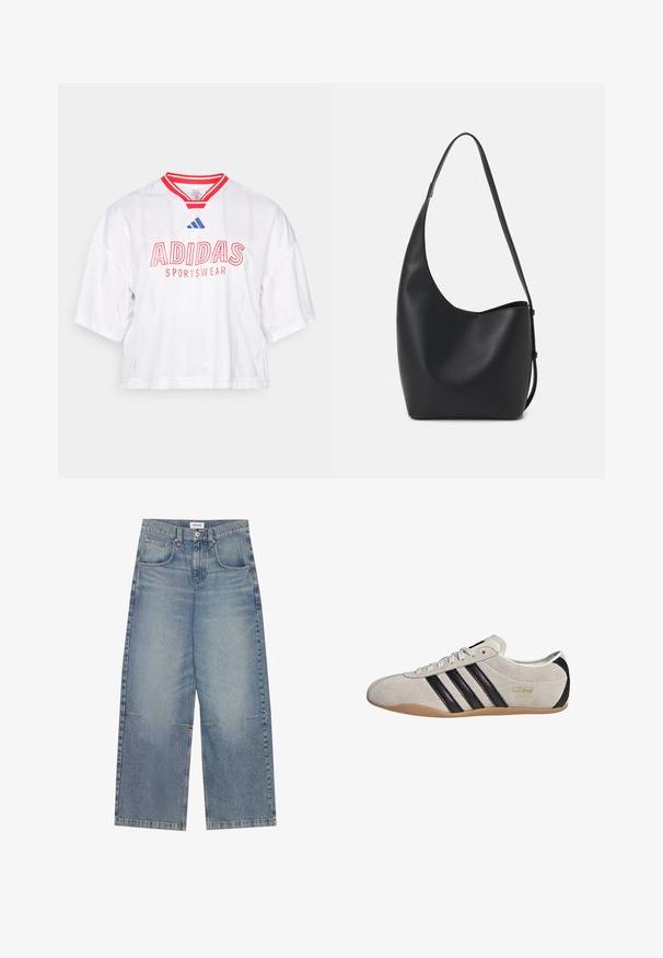 Biele krátke tričko z dresového materiálu s červenými akcentmi a pruhmi, na ktorom je tučným červeným písmom napísané "ADIDAS SPORTSWEAR" a modrý detail loga na golieri.; Svetlomodré široké džínsy vyrobené z denimu, s vysokým pásom, piatimi vreckami a viditeľným prešitím, s neformálnym, vyblednutým vzhľadom.; Semišové tenisky so šedým zvrškom, čiernymi pruhmi a gumovou podrážkou. Majú šnurovanie a zlatý logový detail na boku.; Čierna kožená hobo taška so hladkou textúrou, zakriveným tvarom a jedným nastaviteľným popruhom; má široké otvorenie na vrchu.