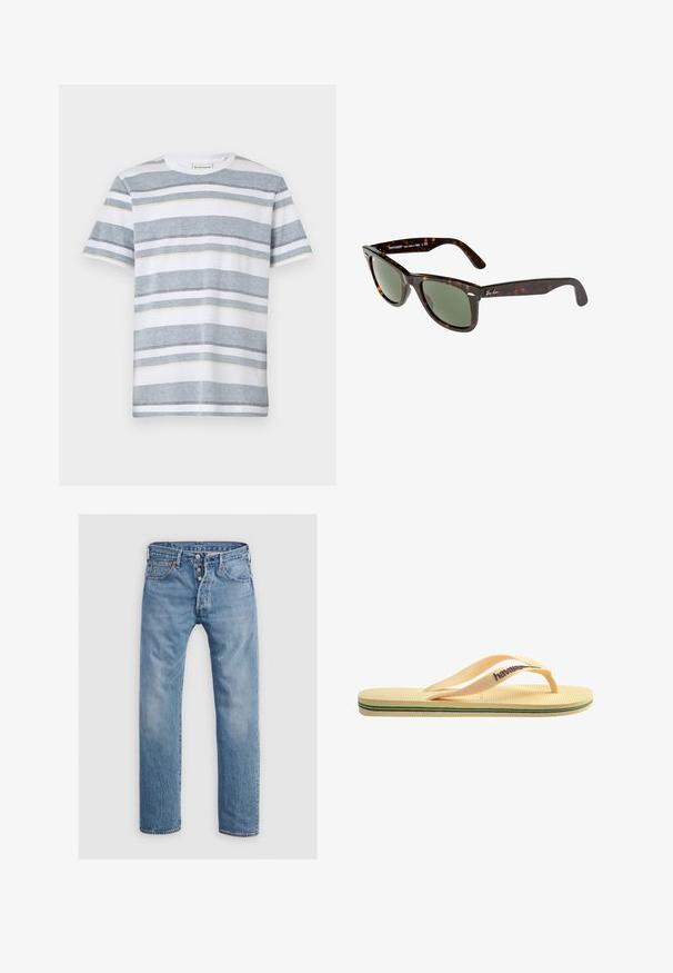 T-shirt às riscas em branco, cinza e amarelo suave. Material de algodão macio com decote redondo e mangas curtas. As riscas horizontais estão espaçadas uniformemente.; Calças de ganga de um azul claro com um design de perna reta, cinco bolsos e fecho de botão. Apresentam um ligeiro desbotamento e detalhes com costura.; Chinelo de borracha amarelo com sola texturada, tiras finas e listras multicoloridas ao longo da sola. Logótipo da marca na tira.; Óculos de sol Wayfarer com armação de plástico em padrão tartaruga escura, lentes verdes e logotipo prateado da Ray-Ban na hastes.