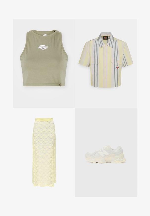 Dickies POWERS - Top - imperial green; Cropped short-sleeve shirt in light yellow with vertical green and pastel stripes. Features two chest pockets and a logo patch on the left pocket.; Yellow lace maxi skirt with a wavy pattern, featuring a smooth waistband and soft, sheer texture. Designed for a flowy silhouette.; Lightweight sneaker featuring a mesh and suede upper in soft cream tones, with a chunky sole and three-dimensional accents.