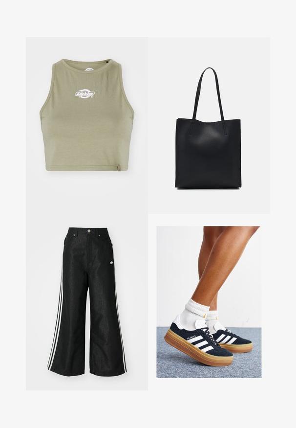 Dickies POWERS - Top - imperial green; Black wide-leg denim pants with three white stripe accents on each side and a small white logo. Features front pockets and a button closure.; Black suede sneakers with white stripes and accents, rounded toe, gum rubber outsole, paired with white ribbed crew socks.; Black leather tote bag with smooth texture, rectangular shape, and two long handles. No visible hardware or embellishments.