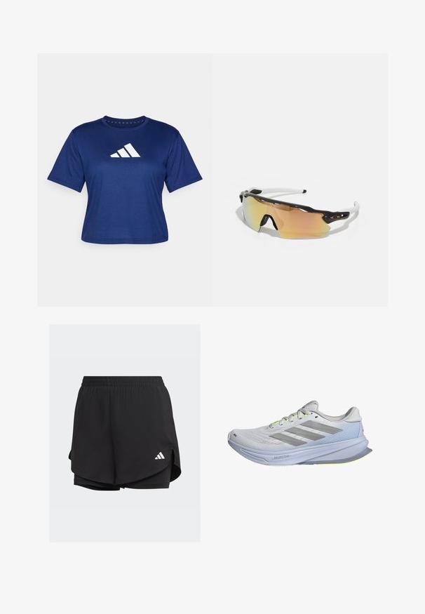 Navy blue athletic t-shirt made of lightweight fabric, featuring short sleeves and a white logo with three diagonal stripes on the front.; Black athletic shorts with an elastic waistband, layered design, inner fitted shorts, and a white logo on the lower left side.; Running shoes with a lightweight mesh upper in white, accented by gray stripes. The sole features a slight curve and neon yellow highlights.; Sunglasses with a black and white frame, large mirrored lenses in gold and pink hues, aerodynamic design, and an extended outer rim.