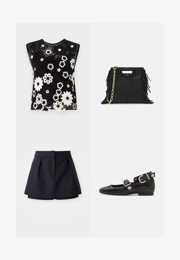 Mustamata ilma varrukat tipp, millel on valge lilleline heegeldatud muster, tekstuuriga pind ja ümar kaelus.; Tumed pleeditud lühikesed püksid kõrge vöökohaga, valmistatud siledast kangast. Omab sobivat lõiget ja varjatud esikotti.; Must musta nahkkinga lamead kontsad, ruudukujulise varbaga, pahkluu rihmaga, mis sisaldab hõbedast taakleid, ning lame tald. Siledat pinda ja minimalistlikku disaini.; Musta nahk käekott, millel on frantsiisid, kuldne ahelsanga ja lõigatud käepide. Esiosas on logot.