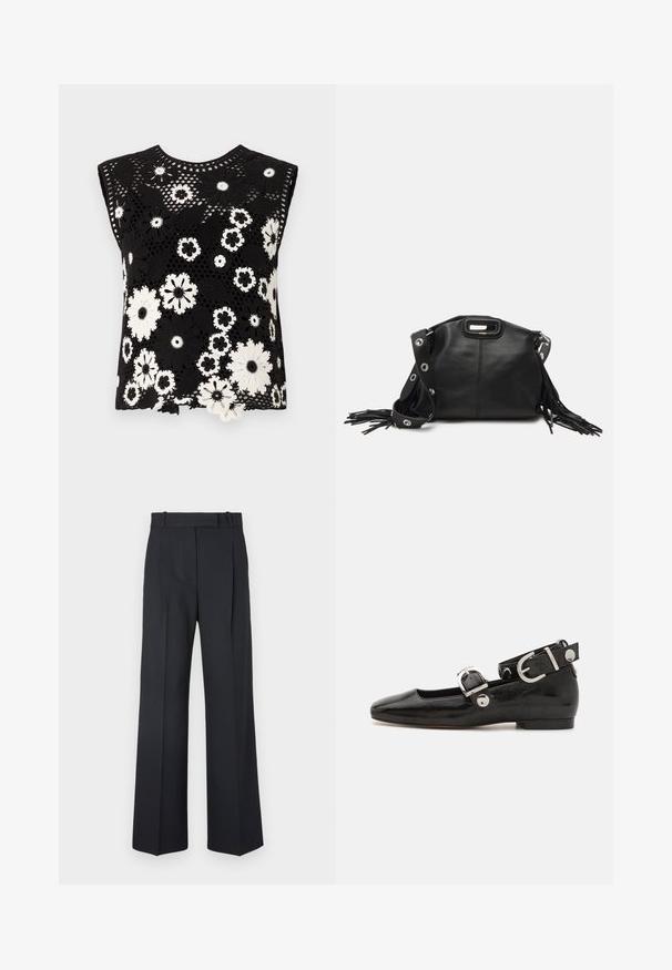 Svart ermeløs topp med et blomsterheklede design i hvitt, med en teksturert overflate og rund halsutskjæring.; Mørkeblå stripete bukser med høy midje, vid bendesign, og uten synlige detaljer eller utsmykninger. Glatt tekstur og skreddersydd passform.; Sorte lakkderflat sko med firkantet tå, ankelstropp med sølvfarge detaljer, og flat såle. Glatt tekstur med minimalistisk design.; Maje MISS MINI - Skulderveske - noir