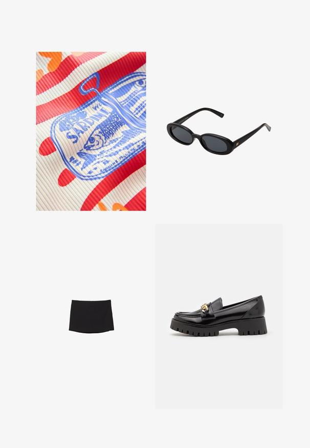 Next REGULAR FIT - RACER TANK SLEEVELESS - Top - white red; Black miniskirt made of smooth, stretch fabric; features a straight cut with a subtle hem and no visible fasteners or patterns.; Black patent leather loafers with a thick, serrated black sole and a gold hardware accent on the front. Smooth texture, classic design.; Black oversized sunglasses with oval lenses, smooth plastic frame, and gold accents on temple. Dark lenses provide sun protection.; My Jewellery Cross body bag - brown