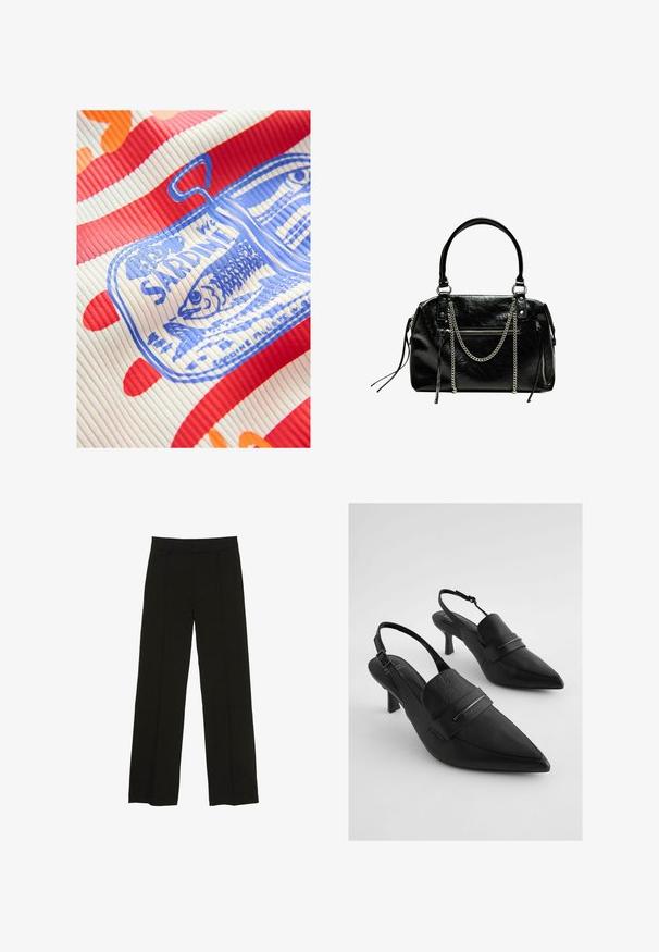 Next REGULAR FIT - RACER TANK SLEEVELESS - Top - white red; Pantaloni largi negri, confecționați dintr-un material fin, cu un talie ajustată și pliuri frontale subtile pentru un plus de textură.; Cizme slingback din piele neagră cu vârf ascuțit, dotate cu o curea frontală lată și accente din metal de culoare argintie. Finisaj texturat, toc mediu.; Bershka WITH CHAIN - Geantă de mână - black