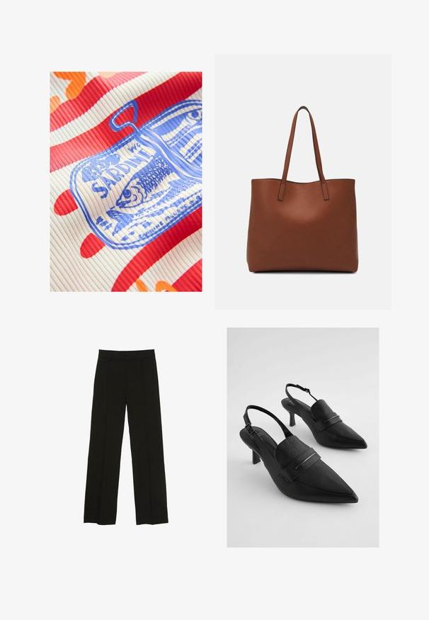 Next REGULAR FIT - RACER TANK SLEEVELESS - Top - white red; Black wide-leg trousers made from a smooth fabric, featuring a fitted waistband and subtle front pleats for added texture.; Black leather slingback heels with pointed toes, featuring a wide front strap and silver-tone hardware accent. Textured finish, medium heel.; Brown leather tote bag with a smooth texture, open top design, and two shoulder straps. Features minimal stitching and no visible hardware.