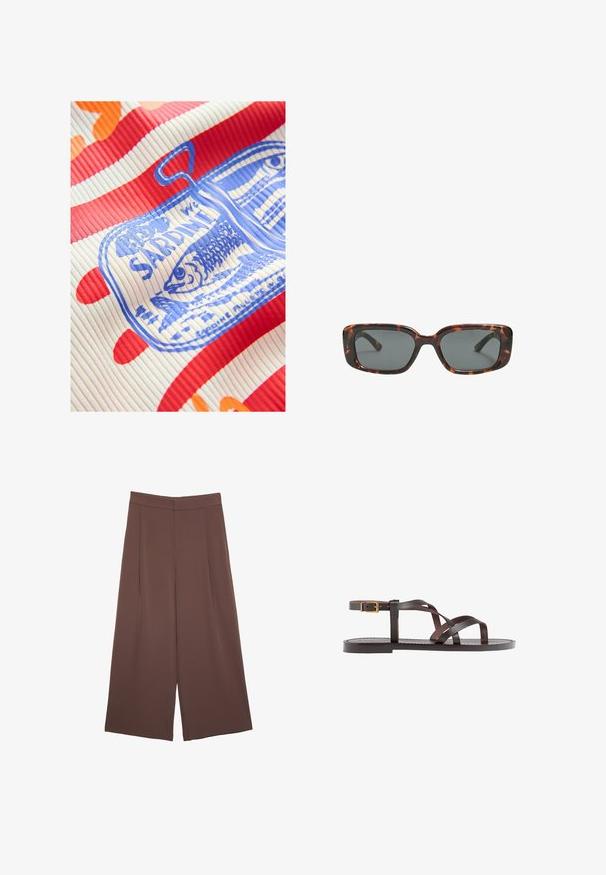 Next REGULAR FIT - RACER TANK SLEEVELESS - Linne - white red; Bruna vida byxor med en slät textur, som har hög midja och framfickor. Tyget är lätt och flödar löst.; Bruna lädersandaler med korsade remmar, spänne runt vristen och en platt sula med minimala sömnadsdetaljer.; Sköldpaddsmönstrade solglasögon med rektangulära linser, tjocka bågar och mörkt tonade linser. Slät yta och minimalistisk design.