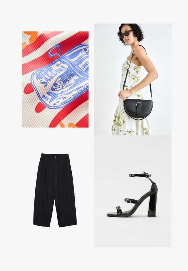 Next REGULAR FIT - RACER TANK SLEEVELESS - Top - white red; Pantaloni culotte neri in poliestere con una cintura elastica, due pieghe frontali e una silhouette ampia. Nessun motivo visibile o dettagli in metallo.; Sandali con tacco in vernice nera, con punta squadrata, cinturini alla caviglia e fibbie in argento. Presentano un tacco a blocco spesso per maggiore stabilità.; Borsa a tracolla nera in pelle con una forma curva, manico rimovibile e accessori dorati. La borsa presenta una patta con un dettaglio a fibbia.