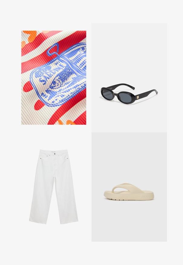 Next REGULAR FIT - RACER TANK SLEEVELESS - Top - white red; Weiße Jeans im weit geschnittenen Design aus Denim mit hoher Taille, ausgestattet mit fünf Taschen und Metallbeschlägen. Glatte Textur, keine sichtbaren Muster.; Beige Flip-Flop-Sandale aus Gummi, mit einem einzelnen Zehensteg und einer dicken Sohle mit Profil. Mit dem Fila-Logo gekennzeichnet.; Schwarze ovale Sonnenbrillen mit dunklen Gläsern, glänzendem Kunststoffrahmen, breiten Bügeln und einem kleinen goldenen Akzent auf einer Seite.