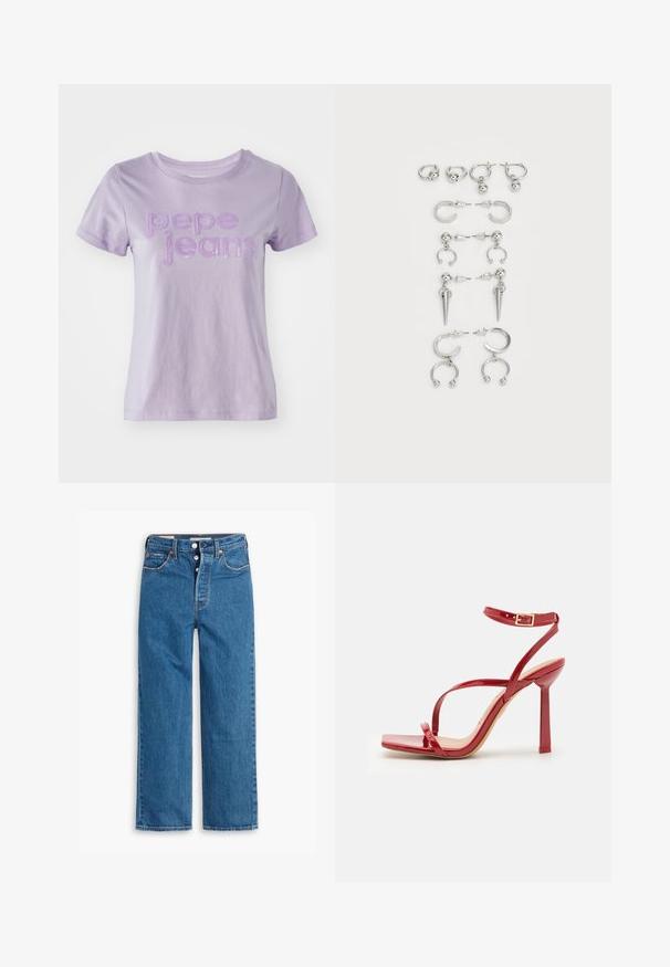 Camiseta de algodón de manga corta en color lila, con la inscripción "pepe jeans" en letras moradas texturizadas en la parte frontal. Acabado de tejido suave.; Vaqueros de mezclilla azul de pierna recta con una cintura alta, diseño de cinco bolsillos y cierre de botones. Costuras visibles y remaches de tono cobrizo.; ALDO SCINTILLA - Sandalias de tacón - red; Conjunto de pendientes de plata con diversos diseños: aros, tuercas y estilos colgantes, con acentos de bola y elementos puntiagudos.