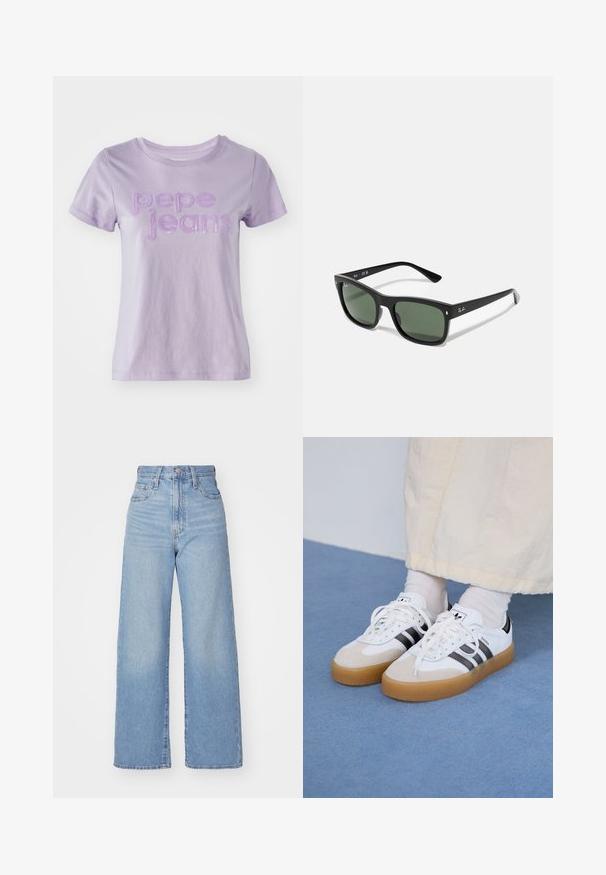Šviesiai purpurinė trumpomis rankovėmis marškinėliai, pagaminti iš medvilnės, su tekstūruotais purpuriniais įrašais "Pepe Jeans" ant priekio. Lygus audinio paviršius.; Šviesiai mėlynos aukšto liemens plačios kojos džinsai su priekiniais užtrauktukais ir sagom, priekinėmis ir galinėmis kišenėmis, ant baltos fono.; Baltos sportbačiai su noir juostomis ir šviesiai rudos zomšos akcentais. Yra tekstūruota gumos padas ir plokščiomis baltomis raištelėmis, dėvimi su šviesiai spalvotomis kojinėmis.; Juodos rectanguliarios akinių rėmeliai su tamsiai žaliais lęšiais, pagaminti iš plastiko, turintys metalines detales šalia lęšių ir prekės ženklo logotipą ant šventyklos.