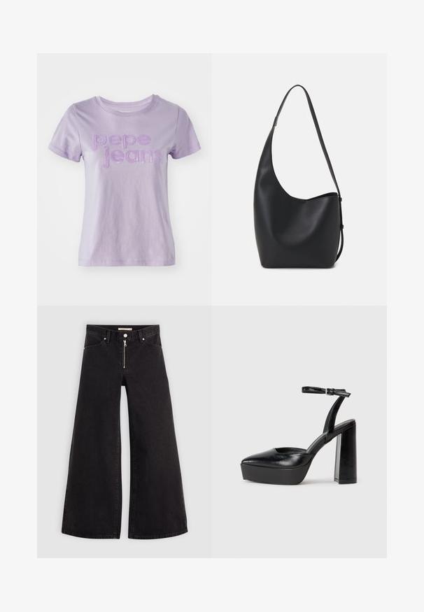 Lilla lühikeste varrukatega T-särk, mis on valmistatud puuvillast, esipaneelil on "pepe jeans" tekstureeritud lillade tähtedega. Sile kangast viimistlus.; Laiad teksad mustast denimist, millel on lukuga eesmine osa, viie taskuga disain ja peened õmblusdetailid. Sile tekstuur ja juhuslik stiil.; Mustad platvormi kontsad terava ninaga ja reguleeritava pahkluuraamiga. Valmistatud siledast nahast, funktsioneerib massiivse plokknäheeliga.; Mustast nahast hobo kott, millel on sile tekstuur, kumer kuju ja üks reguleeritav rihm; peal on lai avaus.