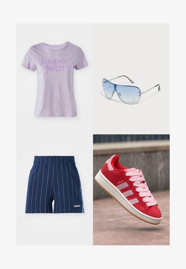 Šviesiai purpurinė trumpomis rankovėmis marškinėliai, pagaminti iš medvilnės, su tekstūruotais purpuriniais įrašais "Pepe Jeans" ant priekio. Lygus audinio paviršius.; Tamsiai mėlyni šortai su baltais dryžiais, elastinga juostos, ir Adidas logotipu. Savybė - mėlyni akcentai šonuose, pagaminti iš medvilnės mišinio.; Raudoni suediniai sportbačiai su rožiniais akcentais, turintys tris baltas juosteles ir šviesiai rožinius raištelius. Balta tarpinė ir gumos guminė padas.; Aviatoriai akiniai su gradientiniais mėlynais objektyvais, sidabriniu metaliniu rėmu ir dekoratyvinėmis žvaigždžių akcentais ant objektyvų. Lygaus ir stilingo dizaino.