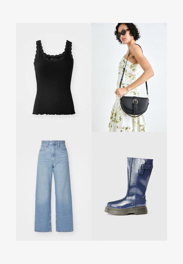 Black ribbed tank top with lace trim on neckline and shoulders, featuring a scalloped hem and fitted design, made from stretch fabric.; Light blue high-waist wide-leg jeans with front button and zip closure, front and back pockets, on a white background.; Blue, glossy knee-high boot with a rounded toe, side zip, and vertical seam details. Features a thick, black platform sole with yellow stitching.; Black leather handbag with a curved shape, detachable strap, and gold hardware. The bag features a flap with a buckle detail.
