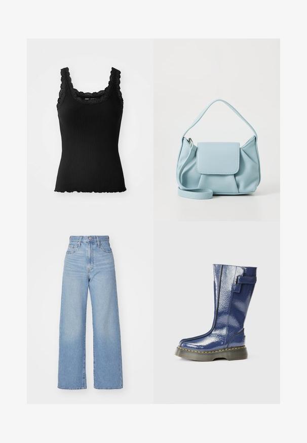 Schwarzes, geripptes Tanktop mit Spitzendetail am Ausschnitt und den Schultern, ausgestattet mit einem gewellten Saum und einer taillierten Passform, gefertigt aus elastischem Material.; Hellblaue High-Waist-Weite-Leg-Jeans mit Knopf- und Reißverschluss vorne, Vorder- und Rückentaschen, auf weißem Hintergrund.; Blaue, glänzende kniehohe Stiefel mit runder Zehenform, seitlichem Reißverschluss und vertikalen Nahtdetails. Verfügt über eine dicke, schwarze Plateausohle mit gelben Nähten.; Hellblaues Lederhandtasche mit einem oberen Griff, einer vorderen Klappen-Tasche und einem abnehmbaren Handgelenkriemen auf einem weißen Hintergrund.