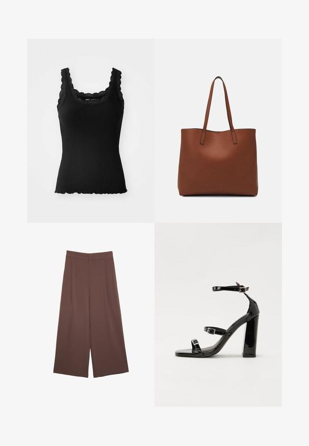 Schwarzes, geripptes Tanktop mit Spitzendetail am Ausschnitt und den Schultern, ausgestattet mit einem gewellten Saum und einer taillierten Passform, gefertigt aus elastischem Material.; Braune Weite-Leg-Hosen mit einer glatten Textur, hoher Taille und Vorderfalten. Der Stoff ist leicht und fällt locker.; Schwarze patentierte Sandalen mit Absatz, quadratischer Spitze, Knöchelriemen und silbernen Schnallen. Mit einem stabilen Blockabsatz für mehr Stabilität.; Braune Leder-Tote mit glatter Textur, offenem Oberteil und zwei Schulterriemen. Verfügt über minimale Nähte und keine sichtbaren Beschläge.
