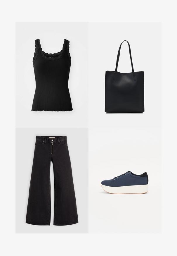 Black ribbed tank top with lace trim on neckline and shoulders, featuring a scalloped hem and fitted design, made from stretch fabric.; Wide-leg jeans in black denim with a zippered front, five-pocket design, and subtle stitching details. Smooth texture and casual style.; Navy blue sneaker with a textured fabric upper, white platform sole, rounded toe, and black heel accent. Features six eyelets for laces.; Black leather tote bag with smooth texture, rectangular shape, and two long handles. No visible hardware or embellishments.