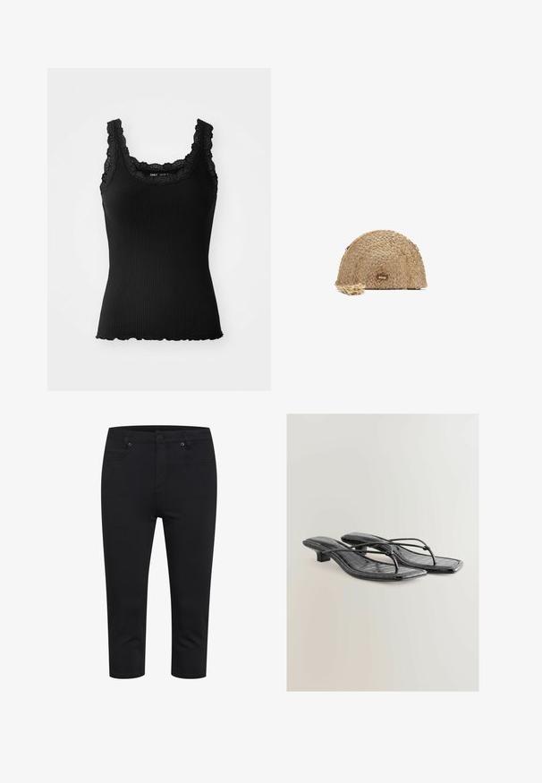 Zwarte geribbelde tanktop met kantafwerking op de halslijn en schouders, met een golvende zoom en een aansluitend design, gemaakt van stretchstof.; Zwarte cropped slim-fit broek met een ritssluiting en knoop aan de voorkant, en voor- en achterzakken, weergegeven op een witte achtergrond.; Zwarte gepatenteerde nepleren sandalen met hak, vierkante neus, dunne bandjes en krokodillenstructuur. Ontwerp met lage blokhak.; Geweven rieten handtas in een halve maanvorm, met een gestructureerd oppervlak, beige kleur en een decoratieve kwastaccent. Gouden hardware-logo-detail.; Vijf armbanden: een donkere houten bangle, twee gouden metalen schakels, en twee amberkleurige harsringen met gouden accenten en gladde texturen.